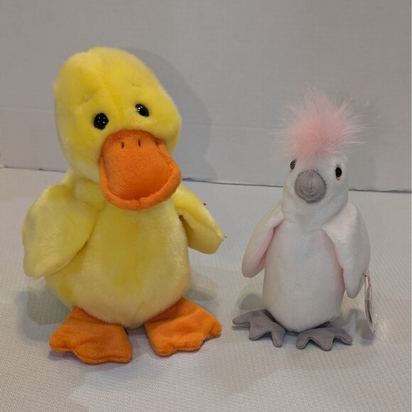 Lot of 2 TY Beanie Baby Birds Quackers Yellow Duck and Kuku White Cockatoo - Picture 1 of 14